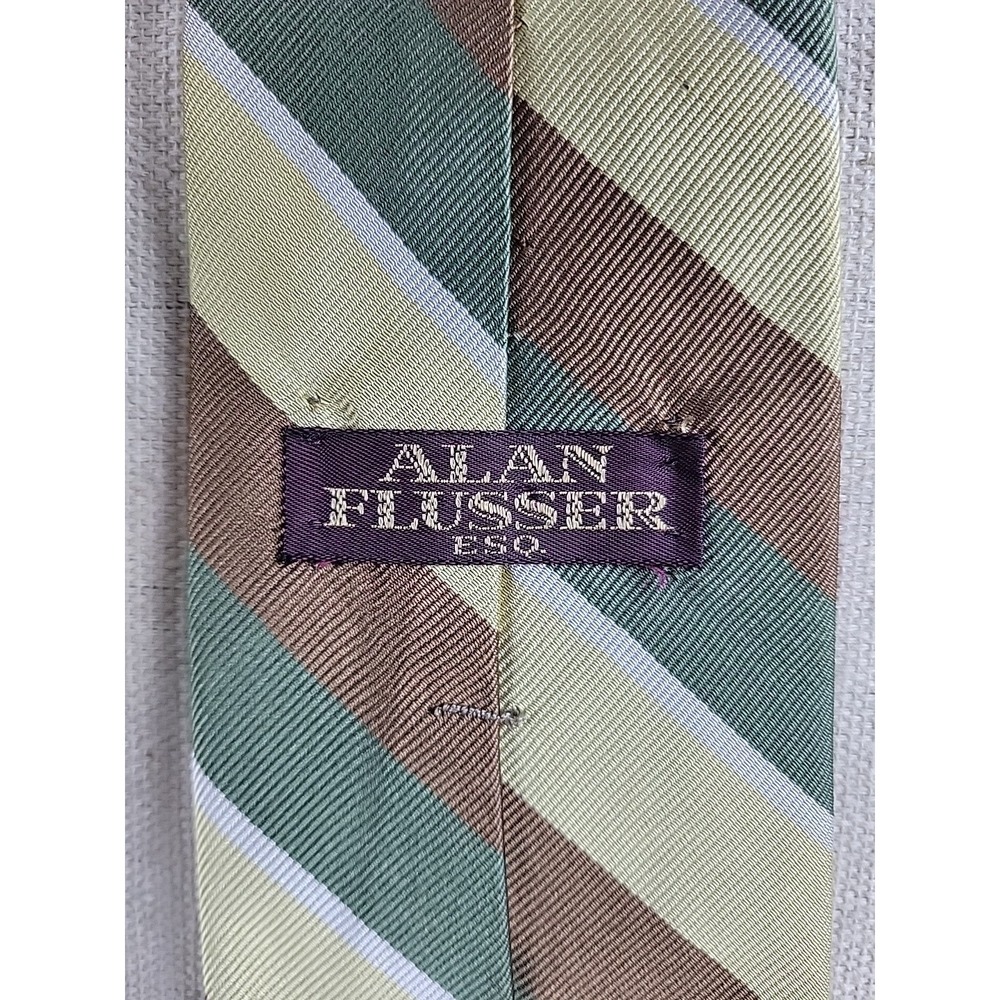 Vintage Alan Flusser Silk Tie Plaid Ivy Trad Green Brown Cream 1980s